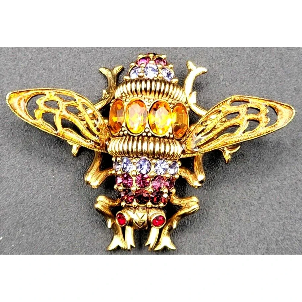 JOAN RIVERS BUMBLEBEE BROOCH‎ PIN MULTI-COLOR CRYSTAL SIGNED RED ORANGE RED EYES